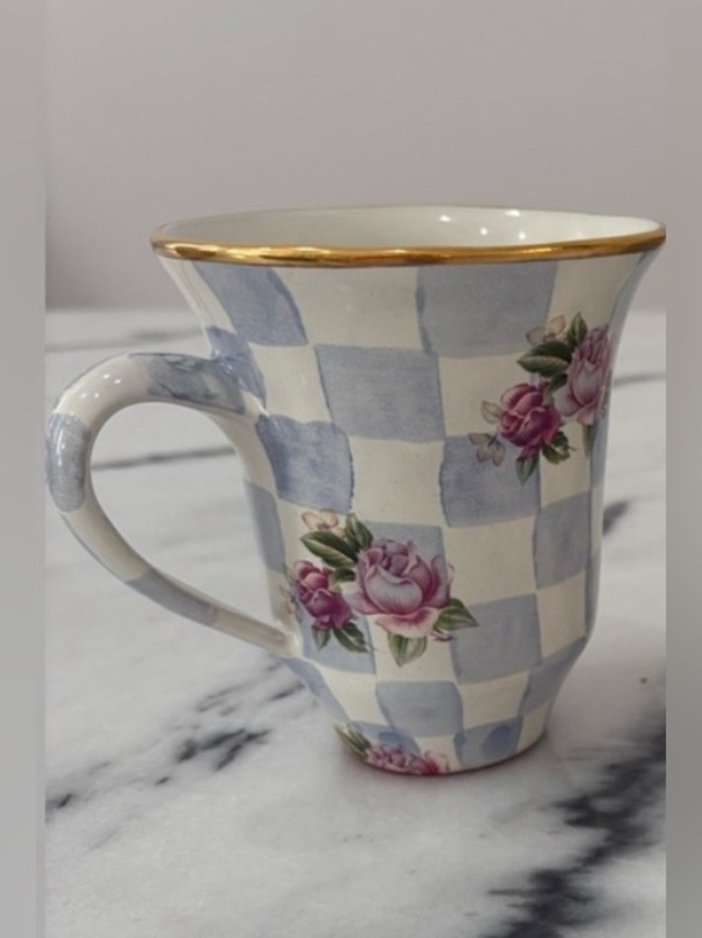 MacKenzie-Childs Honeymoon Checkered Mugs Morning Glory
